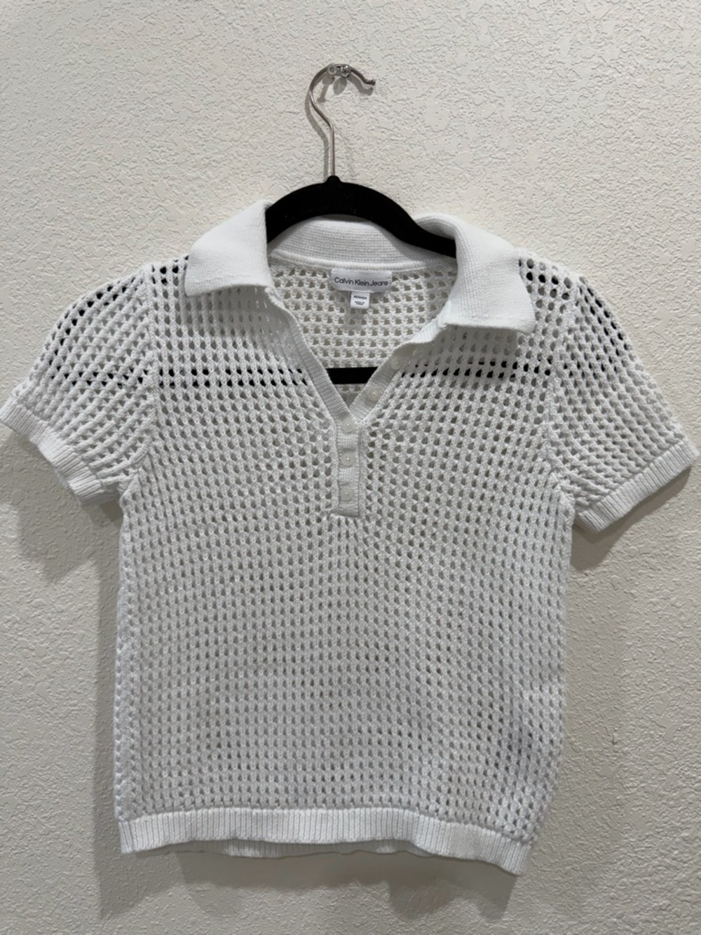 Calvin Klein Jeans White Open-Weave Polo Top